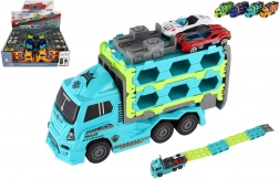 Kunststof vrachtwagen-autotransporter met vliegwiel 22 cm + 2 sportautootjes