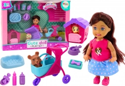Pop met puppy’s en accessoires – roze set voor de verzorging van hondjes