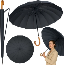 Grote automatische paraplu met houten handvat, 24 ribben, 115 cm, zwart