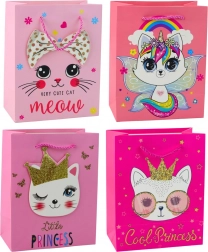 Roze papieren cadeautas met kittens en glitters 23 x 18 x 10,5 cm