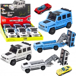 terreinwagen met verborgen autootje en lanceerramp, licht en geluid – wit/ blauw