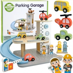 WOOPIE GREEN houten meerlaags parkeergarage 2-in-1 met station en figuurtjes, 12 delen, FSC