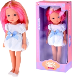 pop met lang roze-blond haar in witte jurk met blauwe strik 33 cm