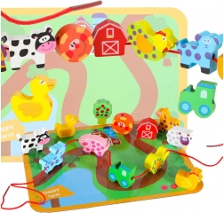 Houten rijgboerderij – educatieve set met bord en diertjes