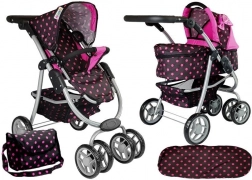 Kinderpoppenwagen met tas zwart-roze