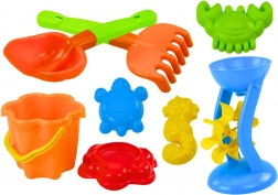 Kleurrijke set zandbak speelgoed met molen en vormpjes