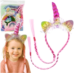 Roze eenhoorn-haarband met hoorn, oren en vlechten