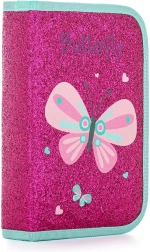 Enkeldekse schooletui met pailletteneffect, vlindermotief, 2 flappen