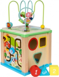 Houten activiteitenkubus met doolhof en klok