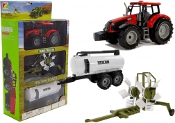 Tractor met aanhanger, hooihark en watertank – rood