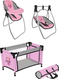 Poppen set princess pink grey – reisbedje en 2-in-1 stoeltje met schommel