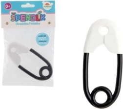 Klassieke rammelaar in de vorm van een veiligheidsspeld van wit-zwart plastic