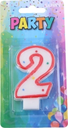 Partykaars cijfer 2 voor op de taart – wit met rode rand en stippen