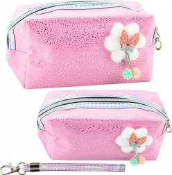 Roze cosmetica-etui met strikje en glitter