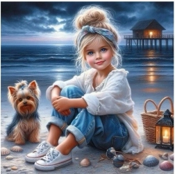 Diamantmozaïek Meisje met hondje op het strand