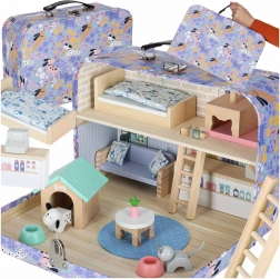 Draagbaar houten huisje in een koffer – dierenhotel met meubels en figuurtjes