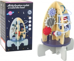Houten educatieve raket met kralenlabyrint en tandwielen