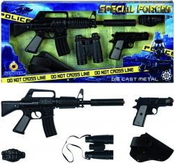 Politieset van de speciale eenheid met knalkapsels