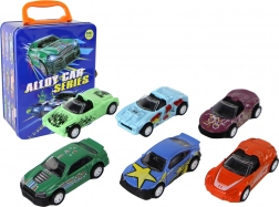 Set metalen autootjes met wrijvingsaandrijving in blikken koffer 1:64, 6 stuks