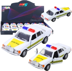 Metalen politieauto 1:32 met pull-back aandrijving en openslaande deuren, wit