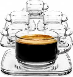 Glazen kopjes met vierkante schoteltjes 250 ml, set van 6