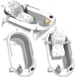 Opvouwbaar babybadje met thermometer en zachte inleg, grijs met sterretjes