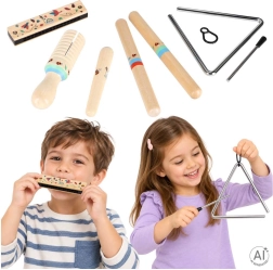 Houten muziekinstrumenten voor kinderen – set (triangel, ritmestokjes, mondharmonica, guiro)
