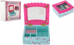 Houten sieradendoos met bloemen en spiegel, turquoise‑roze