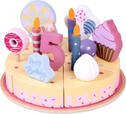 Houten verjaardagstaart om te snijden met decoraties