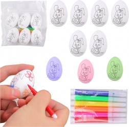 Paaseieren van polystyreen om te schilderen met konijntjesmotief, 6 stuks met stiften