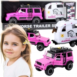 Roze terreinwagen met aanhanger en paardenfiguur WOOPIE