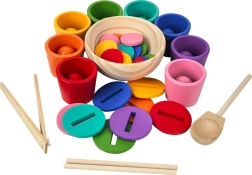 Regenboog knikkers, muntjes en bekertjes – Montessori houten set in 8 kleuren