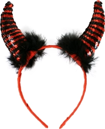 Duivels hoorns met pailletten en veren op satijnen haarband