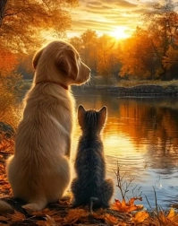 Diamantschilderen kitten met hondje 30 × 40 cm