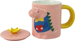 Keramische mok met deksel en lepeltje met dinosaurusmotief roze 400 ml