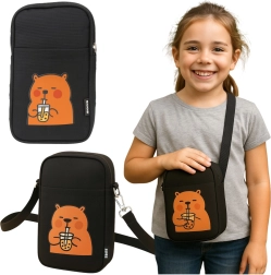Crossbodytas voor kinderen en dames met capibara, zwart 20 × 14,5 cm
