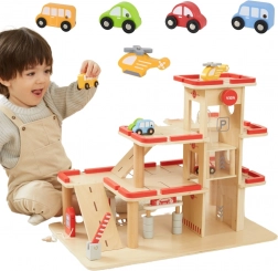 Houten parkeergarages met lift en voertuigen VIGA