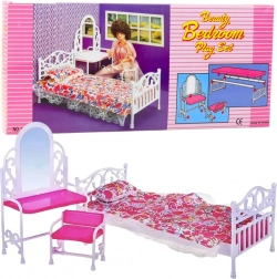 Meubelset voor poppen met bed, kaptafel en stoel met bloemenbeddengoed