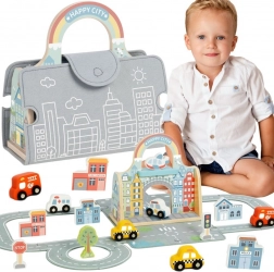 Tooky Toy draagbare mini-stad – houten set met wegen en autootjes