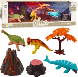 Set realistische dinosaurusfiguren met vulkaan en boom