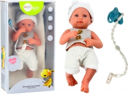 Realistische babypop in wit‑grijze outfit met lus voor speen en dekentje