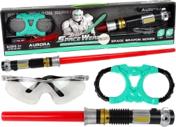Kosmische set: lichtzwaard met turkoois licht en beschermende bril met geluid