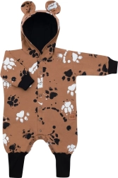 Baby katoenen overall met capuchon en oortjes NEW BABY met pootjesmotief, mosterdkleurig