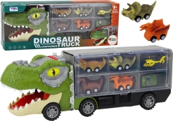 Dinosaur vrachtwagen met autotransporter en 6 autootjes met licht en geluid – groen