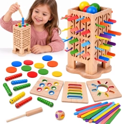 Houten educatief spel 5-in-1 met toren, knikkers en stokjes