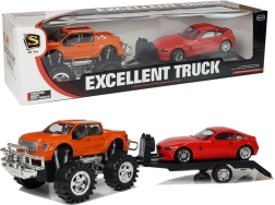 Voertuigenset: oranje monstertruck met sleepaanhanger en rode sportauto 58 cm