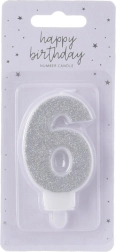Zilverkleurige taartkaars cijfer 6, 7 cm