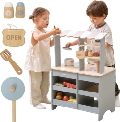 VIGA PolarB houten kinderkeuken en winkel 2-in-1 met accessoires
