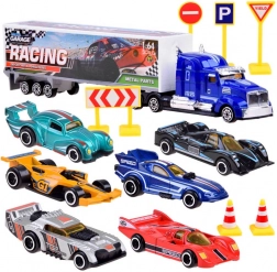 Metalen speelgoedwagenset van racers met verkeersborden
