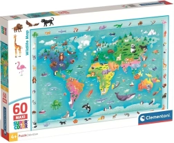 Clementoni puzzel Wereldkaart met dieren MAXI 60 stukjes